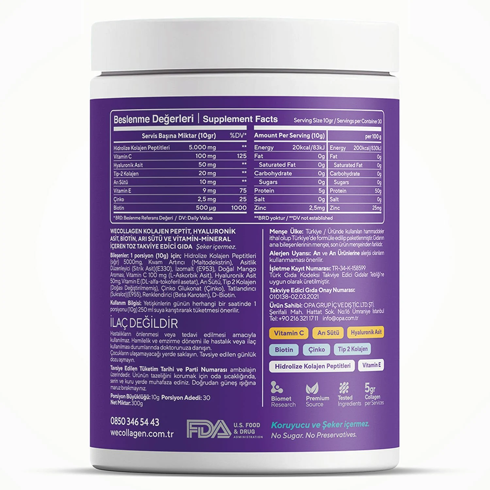 WeCollagen Tip 1-2-3 Patentli Toz Kolajen 5000mg Mango Aromalı 300 Gr