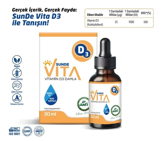 ANTİ Sunde Vita D3 Vitamini 1000 IU 600 Damla 30 ML
