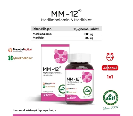 ANTİ MM-12 (B12 Vitamini & Metilfolat) 30 Çiğneme Tablet