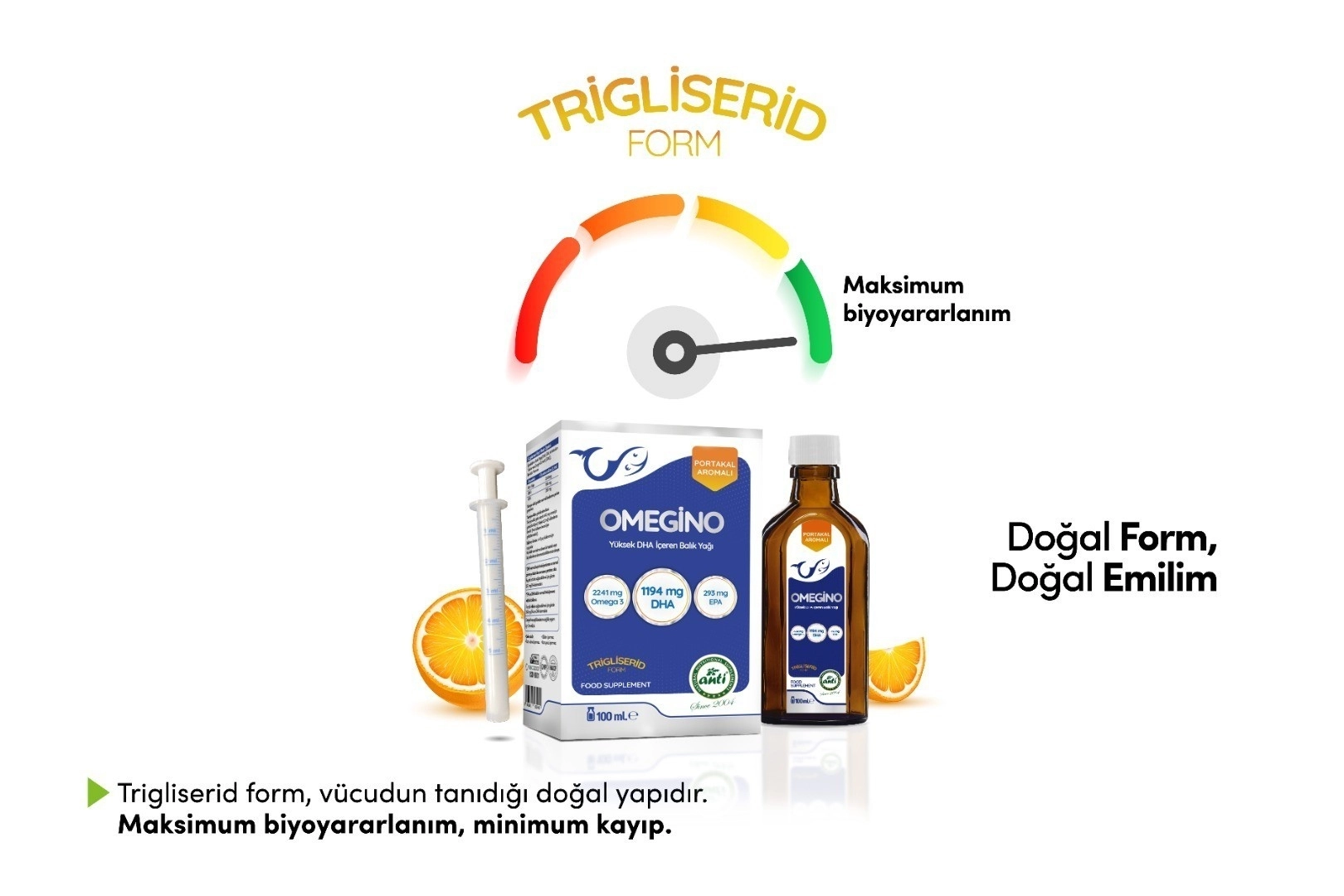 ANTİ Omegino Yüksek DHA Trigliserid Form Portakal Aromalı Omega-3 Balık Yağı 100 ML