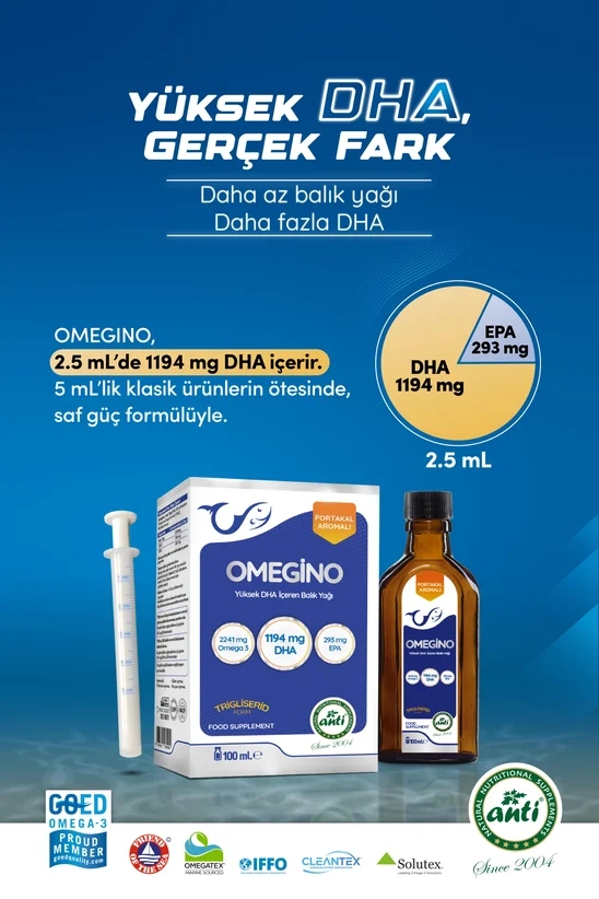 ANTİ Omegino Yüksek DHA Trigliserid Form Portakal Aromalı Omega-3 Balık Yağı 100 ML