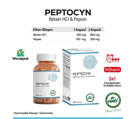 ANTİ Peptocyn Betain HCL & Pepsin Vcaps 90 Kapsül